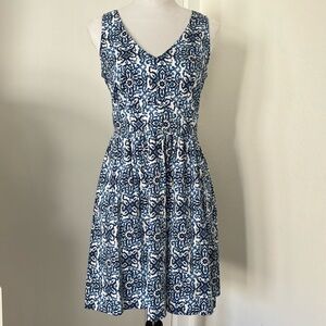 MILLY Dress Design Nation Blue White Mosaic Mallorca Tile Print Fit Flare Size 4